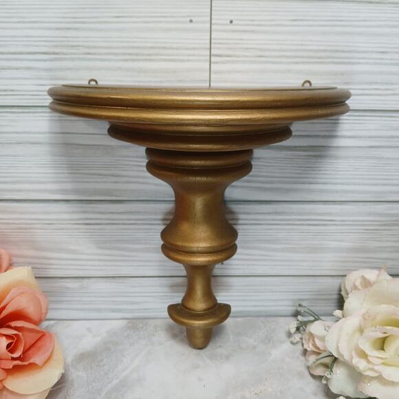 One Vintage Gold Tone Wood Wall Sconce Shelf, 8" Floating Knick Knack Display - Picture 1 of 9